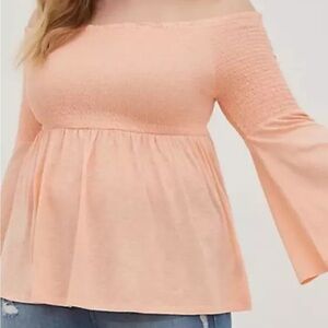 Torrid Women's 4X Babydoll Knit Smocked Off Shoulder Bell Sleeve‎ Top Peach Pink